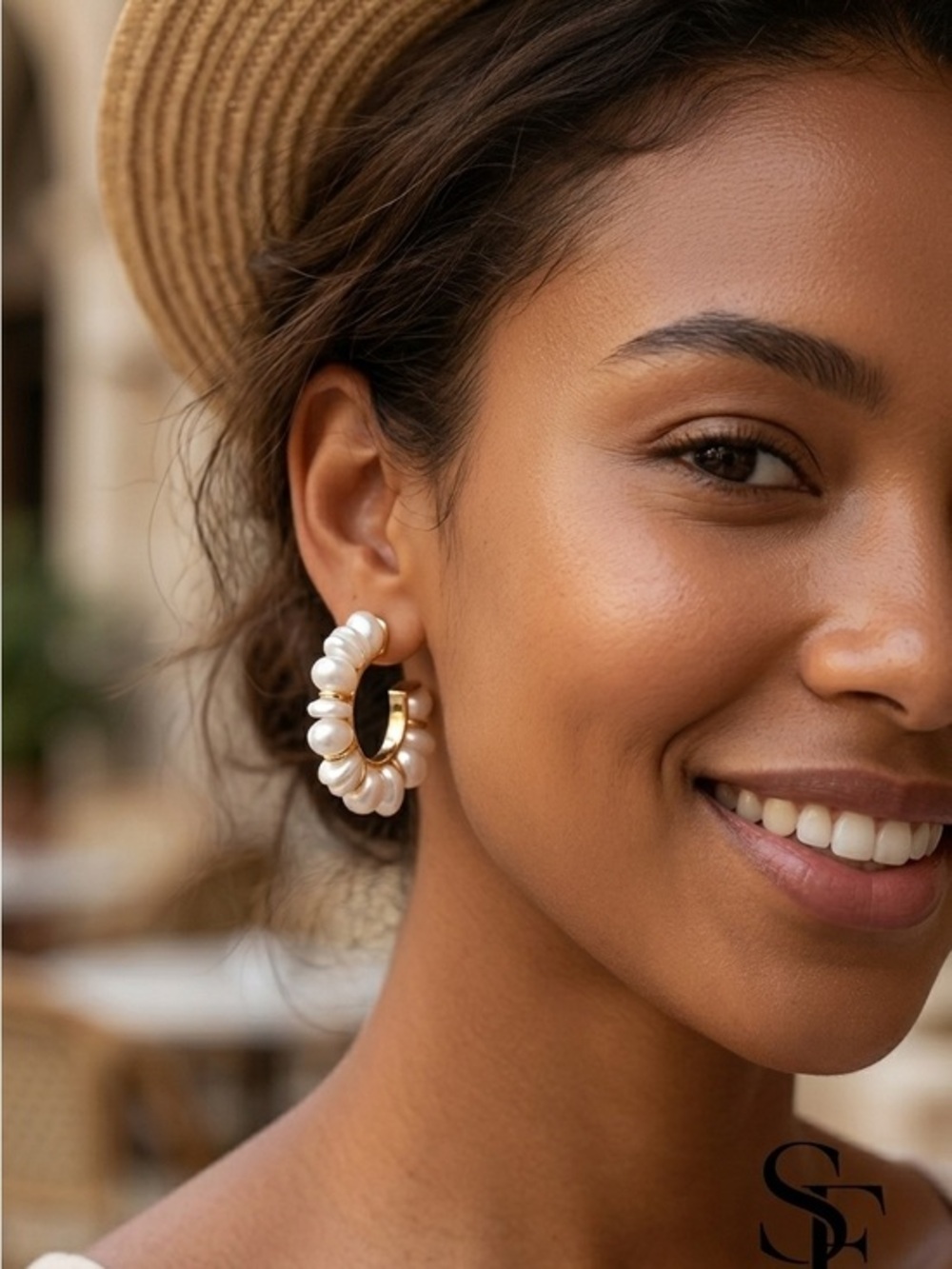 Gold Hoop Earrings with White Pearl Chip Accents - Women Jewelry